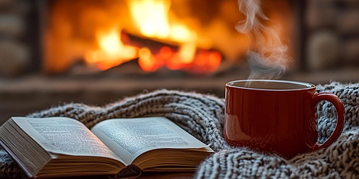 Warmly lit living room with a book and a cup of tea in the evening